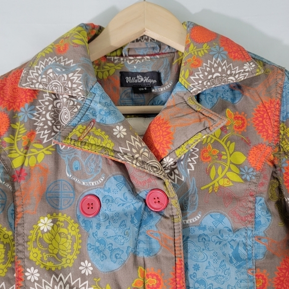 Villa Happ Girls Orange Floral Bomber Jacket Sz 8 Double Breasted Quilted Line - Picture 4 of 12